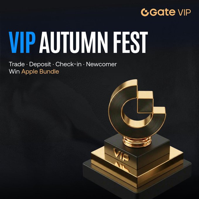 A promotional banner for Gate.io's "VIP Autumn Fest" features a golden trophy with the Gate logo on a black pedestal, advertising campaigns to win an Apple Bundle through Trading, Deposit, Check-in, and Newcomer activities.