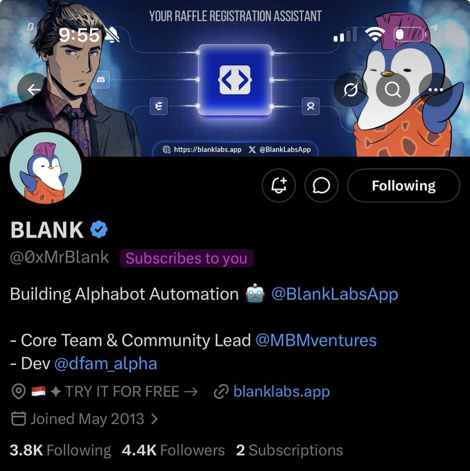 A Twitter/X profile page for "BLANK" (@0xMrBlank), featuring a verified account banner with anime-style character and penguin artwork promoting "Your Raffle Registration Assistant" and Alphabot Automation at blanklabs.app, with 4.4K followers and "Subscribes to you" highlighted—showing the new subscription relationship the post is celebrating.