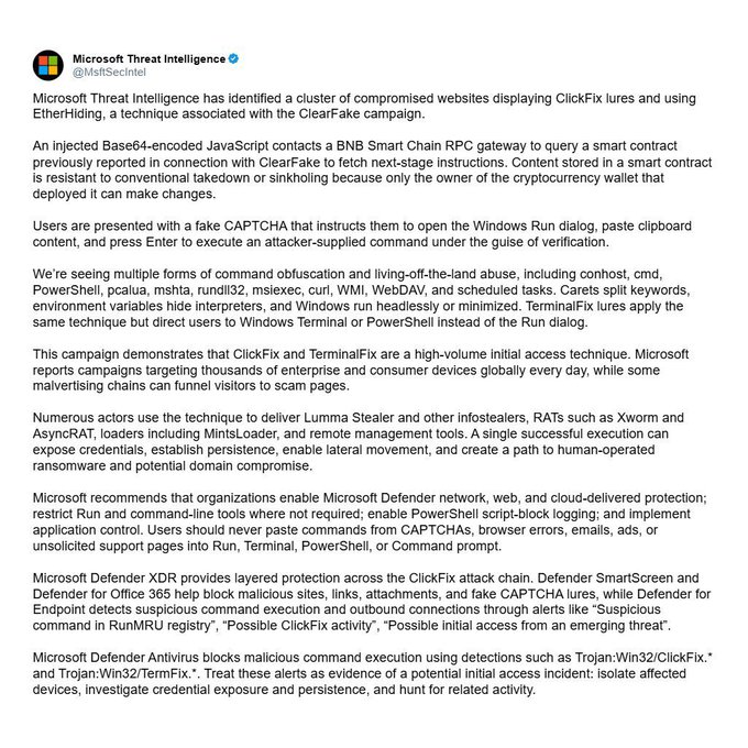 A screenshot of a Microsoft Threat Intelligence (@MsftSecintel) tweet explaining a ClickFix malware campaign using BNB Smart Chain RPC to query a smart contract associated with ClearFake, which tricks users via fake CAPTCHAs into executing malicious commands. The tweet supports the post's claim by confirming that hackers are hiding malware instructions in BNB Chain smart contracts and using fake CAPTCHAs as the attack vector.