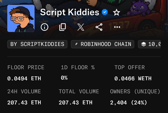 A cryptocurrency dashboard for the "Script Kiddies" NFT collection on the Robinhood Chain, showing a floor price of 0.0494 ETH and 24H volume of 207.43 ETH.