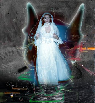 An edited artistic image shows a woman in a white Victorian-style dress surrounded by colorful glitch and neon light effects.