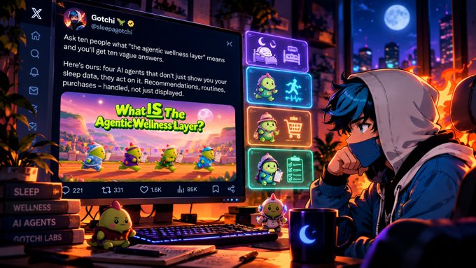 An anime-style illustration shows a hooded figure at a desk viewing a tweet from @sleepgptchi about "the agentic wellness layer," with the post titled "What IS The Agentic Wellness Layer?" displayed on screen alongside app icons.