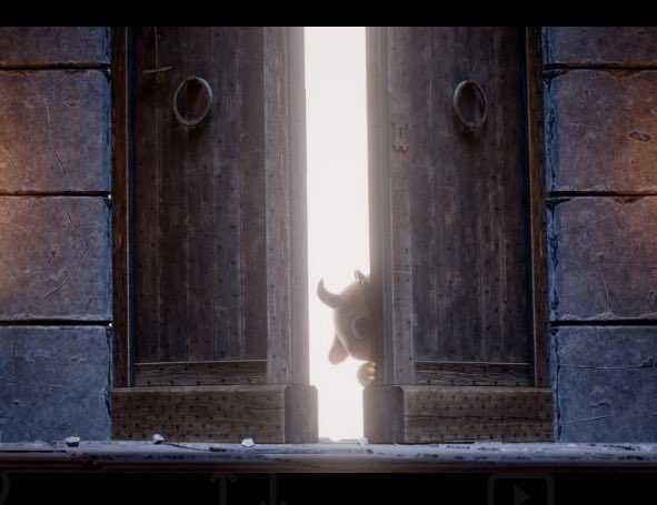An animated scene shows a small cow or bull character peeking through a slightly opened wooden door, with bright light streaming through the gap.