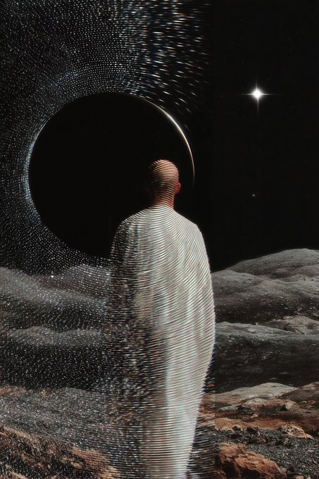 An artistic image of a figure in a white robe standing on a rocky lunar-like surface, facing a dark celestial body with stars and a bright light in the background.
