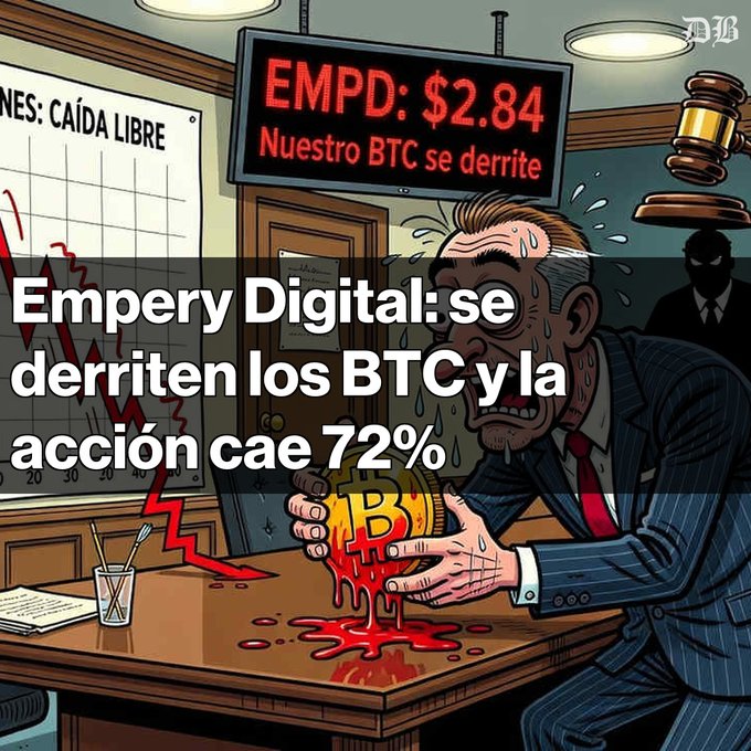 A satirical cartoon illustration showing a sweating man in a suit holding a melting Bitcoin, with headlines reading 'EMPD: $2.84 Nuestro BTC se derrite' and 'Empery Digital: se derriten los BTC y la acción cae 72%'.