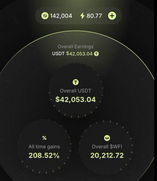A dark-themed crypto portfolio dashboard showing Overall Earnings of USDT $42,053.04, All time gains of 208.52%, and Overall $WFI of 20,212.72.