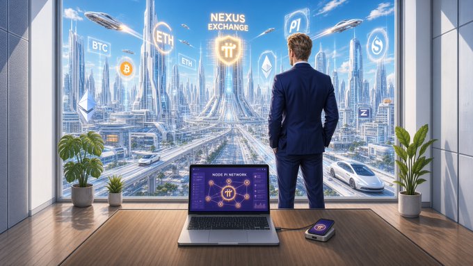 A man in a suit stands at a window overlooking a futuristic cityscape emblazoned with "NEXUS EXCHANGE" and cryptocurrency symbols including BTC, ETH, and Pi, while a laptop on a desk displays "NODE PI NETWORK" alongside a Pi logo device, visually framing the post's discussion of Pi Network's v26.1 protocol update as a deliberate, sequential step in the platform's broader cryptographic and technical evolution toward a new digital-financial landscape.