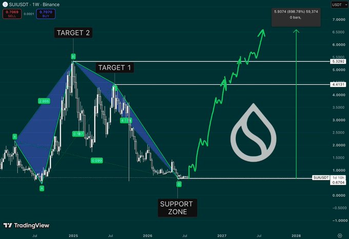 A weekly SUI/USDT Binance candlestick chart displays a completed harmonic/bat pattern with Target 1 at $4.4137 and Target 2 at $5.3282, while the current price ($0.8763) sits at the labeled "Support Zone," with projected upside arrows extending toward 2027. The chart visually reinforces the post's claim that SUI is holding a major long-term support zone after a deep corrective structure, suggesting a potential turnaround toward the marked targets.