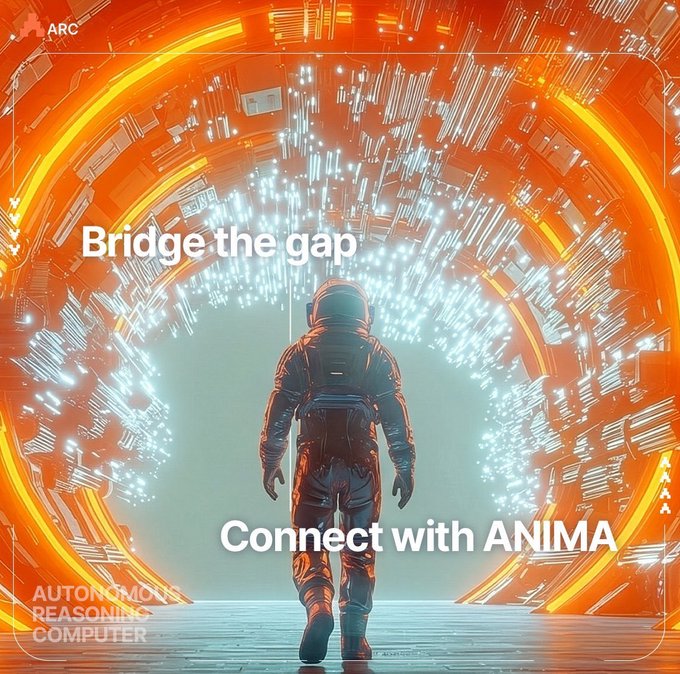 The image shows a man wearing an orange jumpsuit, possibly an astronaut, walking through a tunnel with a large orange archway at its center. Below the archway, there are two lines of text that read "Bridges the gap" and "Connect with ANIMA". These texts suggest that the man is in a space-themed setting or environment where he needs to bridge gaps between different areas or connect with a specific character or entity represented by the words "ANIMA". The image also includes an arrow pointing towards the center of the archway, which could be interpreted as directing the viewer's attention to the central focus of the scene.