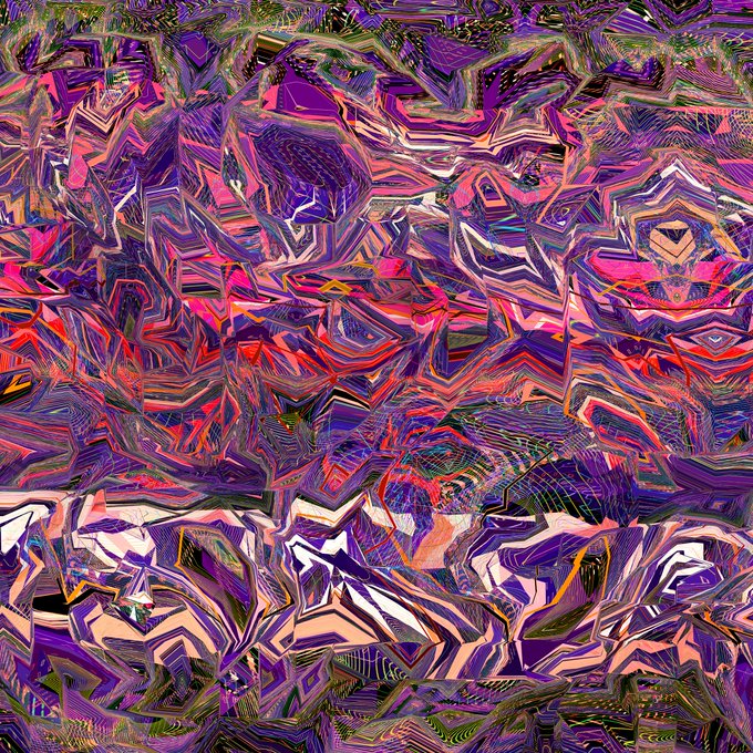 An abstract, psychedelic image filled with chaotic geometric patterns and vibrant colors including purple, pink, orange, and black.