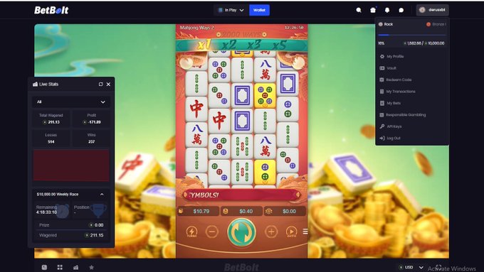 Screenshot of the BetBolt online gambling platform showing a Mahjong Wins game in progress with a live stats panel displaying wagered $211.15 and profit -$71.09.