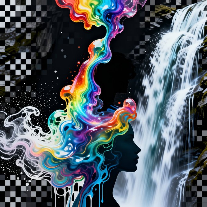 A vibrant abstract digital artwork features a silhouetted profile of a head with rainbow-colored fluid swirling from it, set against a checkered background and a cascading waterfall.