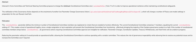 The image shows a document or webpage with text written in black ink against a gray background. The main focus of the image is a list titled "A new governance action has been submitted regarding the parameter change". This suggests that there might be some sort of decision-making process taking place, possibly related to a change in the rules for the CC member position or other matters.

The text on the webpage reads: 
"This new governance action has been submitted regarding the parameter change; it seems that interest in the CC member position is weak, so the reduction is reasonable."