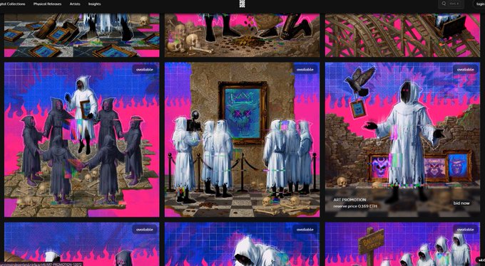 A screenshot of a digital art gallery titled "SURVIVING IN DEGENLAND" with the label "ART (NONFUNGIBLE)" and the text "reserve price 0.859 ETH" visible on one piece. The gallery features surreal art pieces showing hooded figures with glitch-style effects against pink and blue backgrounds, teasing an upcoming drop on @Ninfa_io.