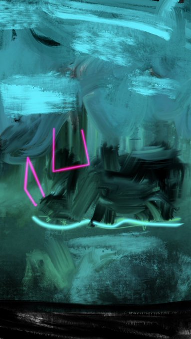An abstract painted artwork featuring teal and dark green brushstrokes, accented with pink triangular geometric shapes and a glowing cyan wavy line.