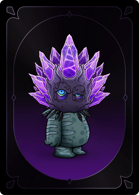 A cartoonish creature with purple crystal spikes on its head and a stitched-together teal body, set against a dark purple background with a decorative border.