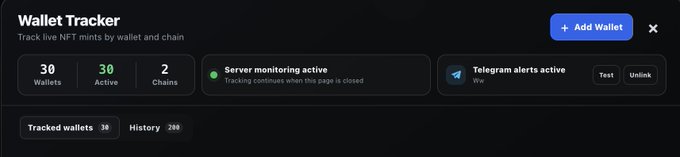 A dark-themed user interface for a 'Wallet Tracker' showing '30 Wallets', '30 Active', '2 Chains', with indicators for 'Server monitoring active' and 'Telegram alerts active'.
