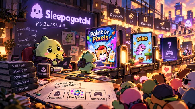 A colorful digital illustration promoting 'Sleepagotchi PUBLISHER' with cartoon characters working on apps like 'Paint By Pixels' and 'DINO', showing a flowchart 'From one app to a portfolio' including Sleepagotchi, Paint By Pixels, and Next Games.