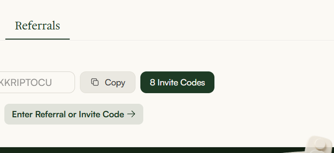 A 'Referrals' page from a website showing a partially visible invite code ending in 'KRIPTOCU' with Copy and '8 Invite Codes' buttons.