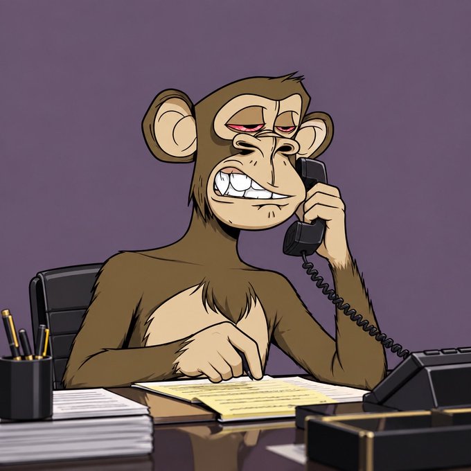 An animated cartoon illustration of a brown monkey with a wide grin talking on a black corded telephone while seated at a desk with paperwork.