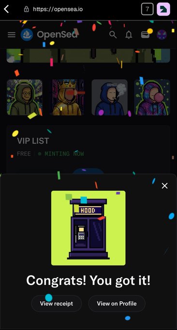 The image shows an OpenSea webpage celebrating the successful mint of an NFT titled "HOOD" from a collaboration with @diego_ciborro, with options to view the receipt or view it on profile, supporting the post about minting the NFT which has a floor price of $15.