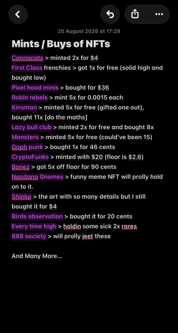 A screenshot of a note titled 'Mints / Buys of NFTs' dated 20 August 2026 at 17:29, listing various NFT collections like Cannacats, First Class frenchies, and Pixel hood minis with prices and details.