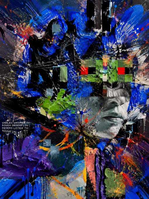 A chaotic abstract painting featuring bold blue, green, and black splatters with a partially visible face embedded in the design, alongside the text "WHALES WHISPER THROUGH ORDERFLOW DESERERS LISTEN THROUGH VOLATILITY." The imagery visually reinforces the post's call to action to get an R3ORDR PFP, complementing the artwork's themes of order, chaos, and volatility.