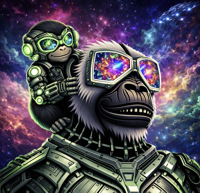 A digital artwork of a futuristic cyborg gorilla wearing galaxy-patterned sunglasses with a small cyborg monkey on its shoulder against a colorful space background.