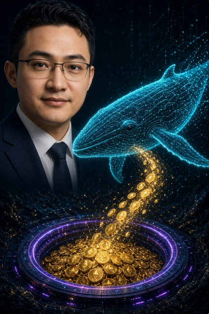 Digital artwork of a man in a dark suit next to a glowing blue wireframe whale, with gold coins cascading into a purple circular platform.