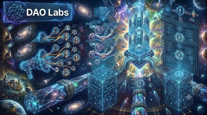 A vibrant, futuristic sci-fi illustration branded 'DAO Labs' featuring neon-blue AI networks, a glowing futuristic cityscape, DNA strands, blockchain data structures, and various cosmic elements set against a starry galaxy background.