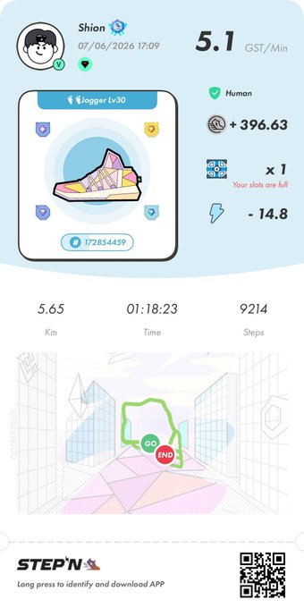 The image shows a step counter app with a cartoon character walking through an abstract cityscape, which is part of the app's interface. The app displays information about the user's progress, including their steps taken, calories burned, and distance traveled. The post also mentions that the app has been downloaded by someone named Shiono Diamond.