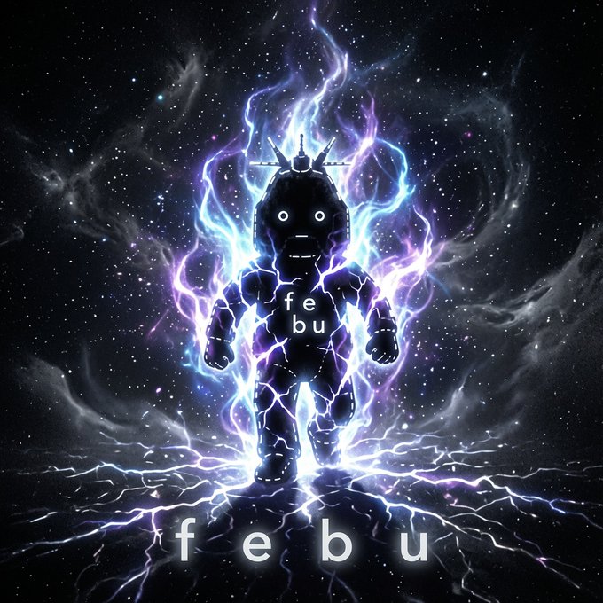 A silhouetted figure with antennae stands amid crackling purple and blue energy in a cosmic void, with "f e b u" emblazoned across its chest and repeated at the bottom of the image. The electric, otherworldly aesthetic visually reinforces the post's message of $febu quietly constructing an unprecedented, visionary realm while the world panics.