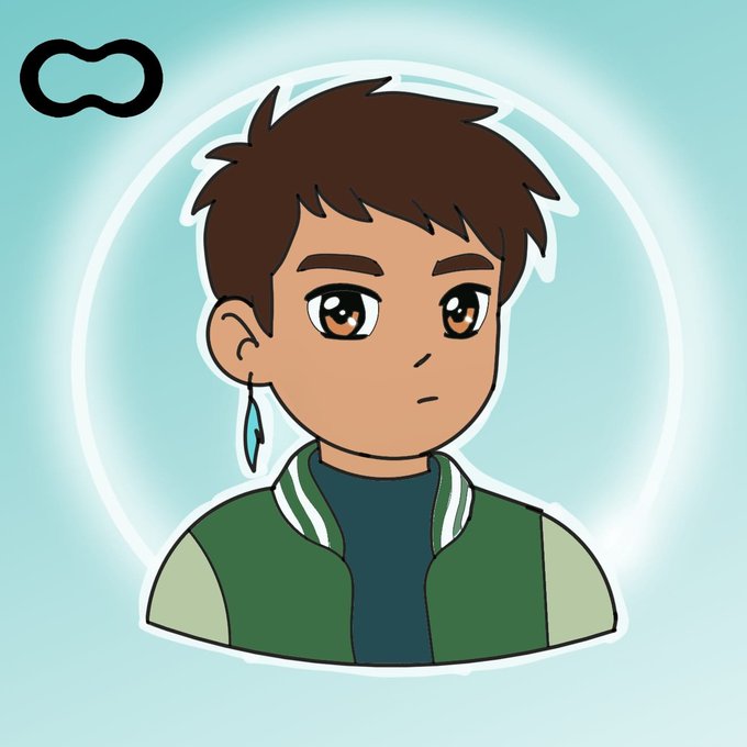 A cartoon-style avatar of a young man with brown hair, warm brown eyes, and a blue feather earring, wearing a green jacket, set against a soft cyan circular glow with a logo in the corner—apparently a personalized illustration created as a heartfelt thank-you gift for community moderators.