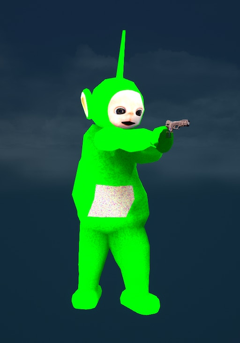 A green Teletubby-style character holding a small pistol, set against a dark stormy sky background.