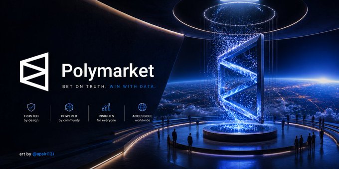A futuristic promotional banner for Polymarket features the text 'BET ON TRUTH. WIN WITH DATA.' alongside icons labeled 'TRUSTED by design', 'POWERED by community', 'INSIGHTS for everyone', and 'ACCESSIBLE worldwide', with credit to '@apsart3'.