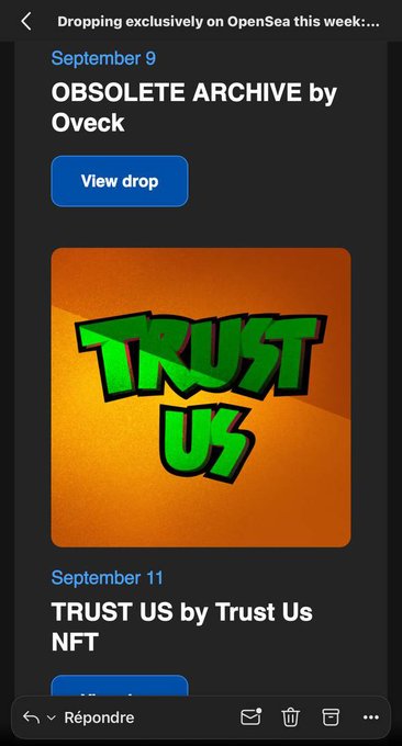 The image shows an OpenSea announcement featuring two exclusive drops: "OBSOLETE ARCHIVE by Oveck" on September 9 and "TRUST US by Trust Us NFT" on September 11, with the latter displaying bold graffiti-style "TRUST US" artwork in green on an orange background, which directly relates to the post's excitement about the TrustUsNFT collection's official mint date announcement.