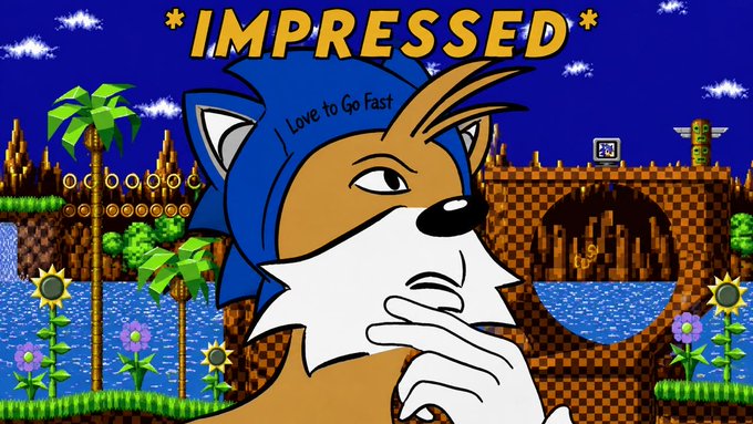 A digital image featuring a Sonic the Hedgehog-inspired fox character with "I Love to Go Fast" on its head, set against a background parodying a classic Sega Genesis video game level with palm trees and a checkered landscape. The word "*IMPRESSED*" is written in yellow at the top.