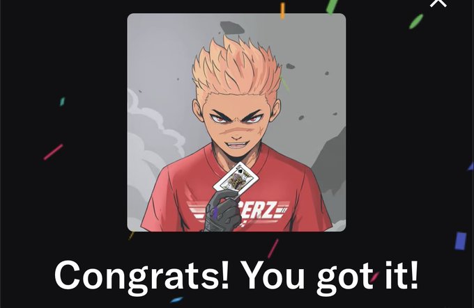 A digital collectible screen shows a blonde anime character in a red 'ERZ' shirt holding a card, with confetti and the text 'Congrats! You got it!' displayed below.