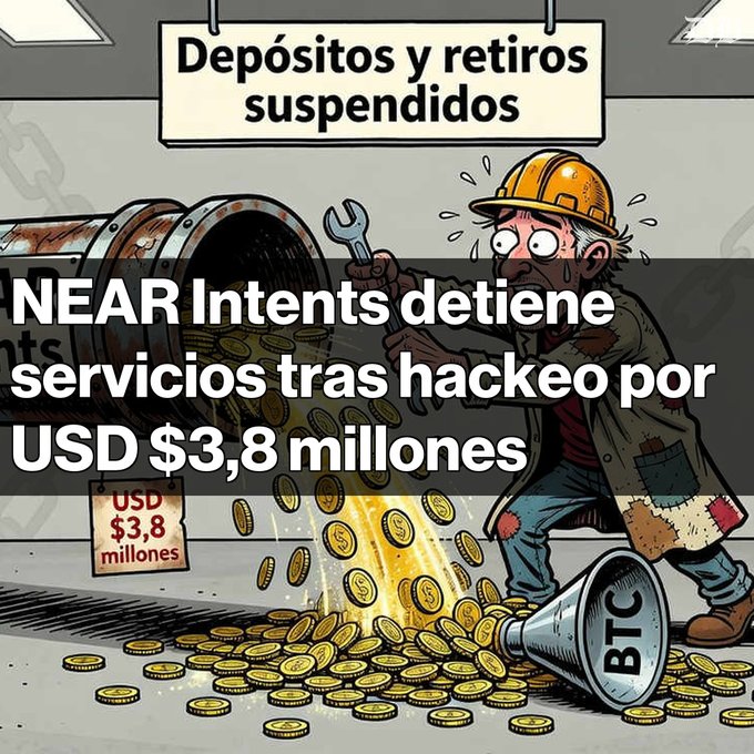 A cartoon illustration depicts a panicked worker with a wrench next to a leaking pipe spilling coins, with a banner reading 'NEAR Intents detiene servicios tras hackeo por USD $3,8 millones.'