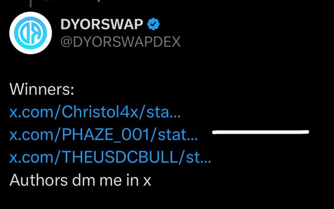 The image is a tweet from verified account @DYORSWAPDEX announcing contest winners with links to @Christol4x, @PHAZE_001, and @THEUSDCBULL, asking the authors to DM them. This relates to the accompanying post celebrating a "7th win of the week," highlighting the project's continued success and ongoing promotional giveaways.