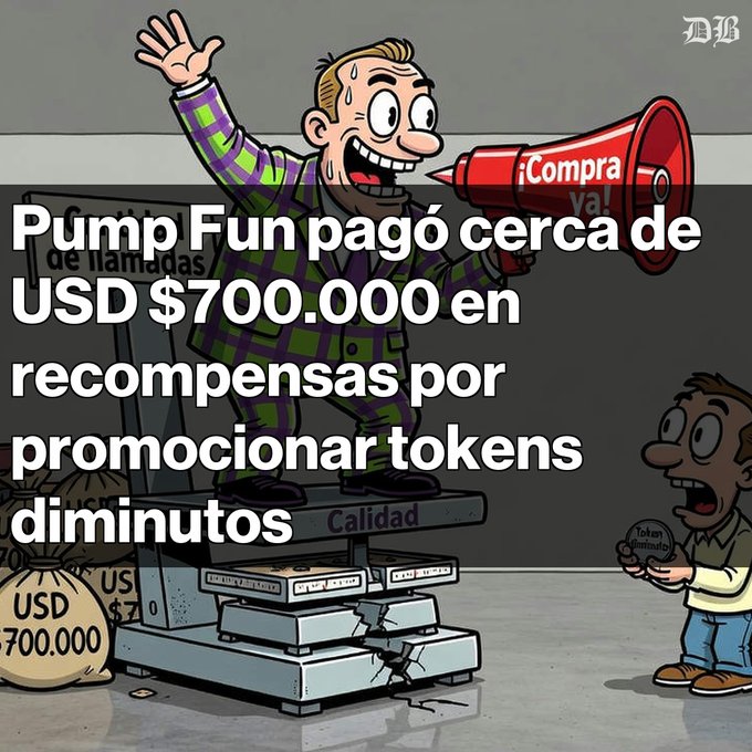 A cartoon meme featuring a man with a megaphone shouting '¡Compra ya!' alongside Spanish text stating 'Pump Fun pagó cerca de USD $700.000 en recompensas por promocionar tokens diminutos'.