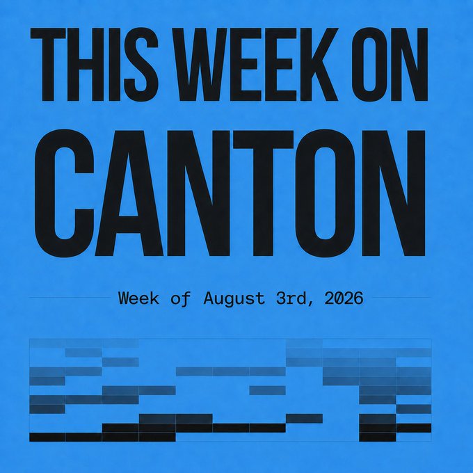 A blue graphic with bold black text reading "THIS WEEK ON CANTON" and "Week of August 3rd, 2026," accompanied by a pixelated/blocky abstract design at the bottom, aligns with the post's announcement of what's happening on Canton for the week of 8/3/26.