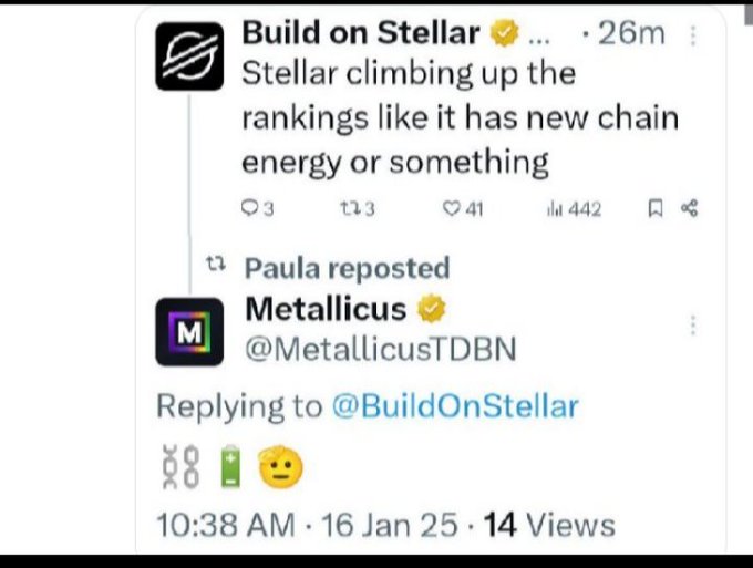 The image features a Twitter post with two tweets, one of which includes a link to a post about a new chain energy source called "metallicus". The other tweet is from someone named Paula who has reposted this message on her own account. The text in the image reads: "Remember that time Stellar told you they built on Metal Blockchain?".