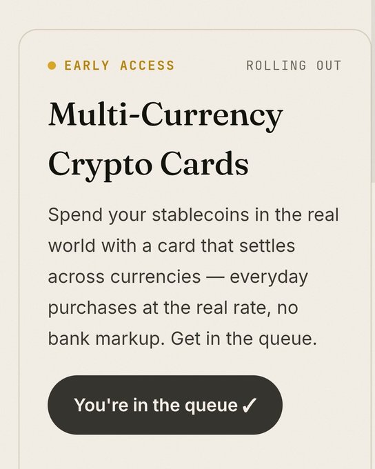 A digital interface card reading "EARLY ACCESS" and "ROLLING OUT" promoting "Multi-Currency Crypto Cards" with a "You're in the queue ✓" button.