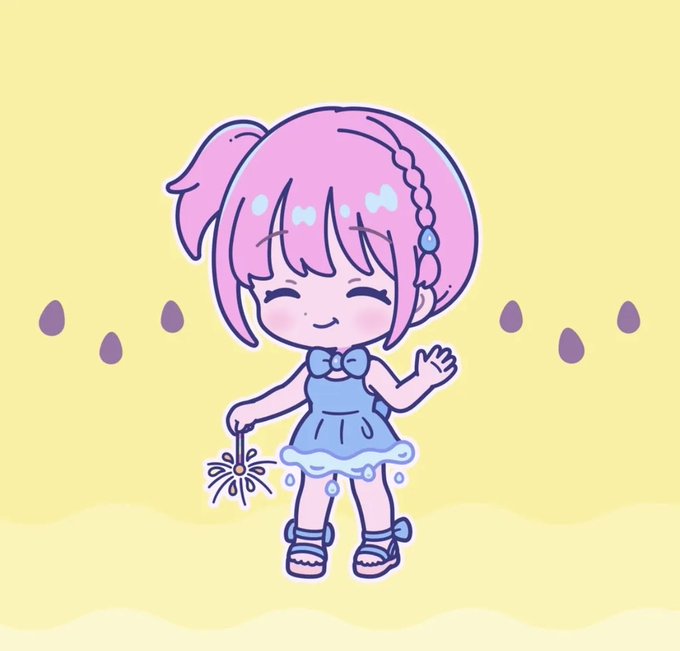 A cartoon drawing features a cute pink-haired girl in a blue dress, holding a small flower, with a yellow background containing raindrop shapes.
