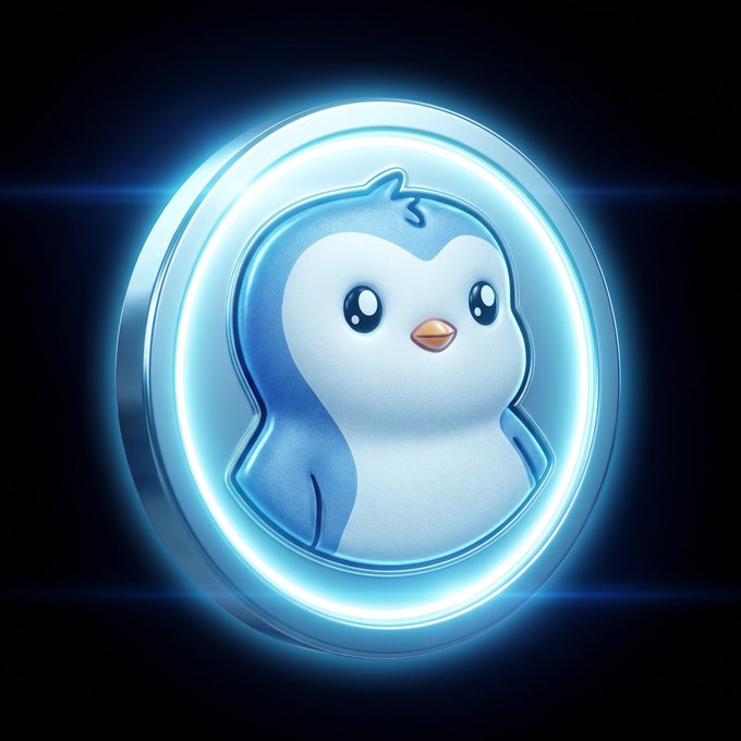 A 3D-rendered digital illustration of a cute baby penguin enclosed in a glowing blue circular neon frame against a black background.