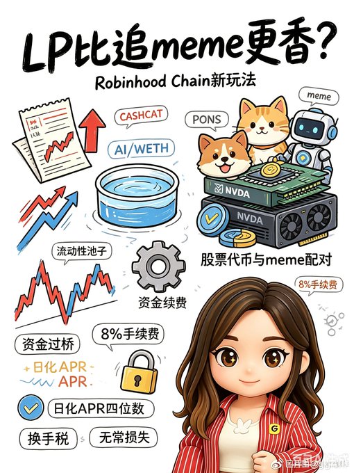 Chinese infographic cartoon titled 'LP比追meme更香? Robinhood Chain新玩法' illustrating stock-crypto pairings (CASHCAT, AI/WETH, PONS, meme) with fees, bridging, and APR concepts.