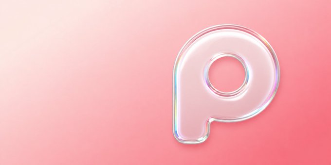 A glossy, translucent 3D letter 'P' is rendered against a soft pink gradient background.