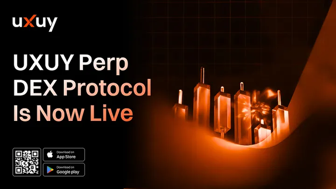 A promotional banner announces "UXUY Perp DEX Protocol Is Now Live" alongside the UXUY logo, featuring an orange-tinted cityscape graphic and QR code/download links for the App Store and Google Play. The image visually supports the post's announcement of the launch of UXUY's stablecoin-denominated perpetual DEX trading protocol.