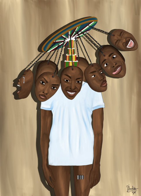 A surreal digital illustration of a person with multiple faces and heads connected by chains to a spinning top-like structure on their head.